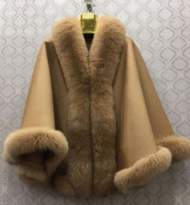 Real Wool Cashmere Ponchos with Fox Fur Trim Around Cape Women's Fur Shawl Wraps - Picture 1 of 17