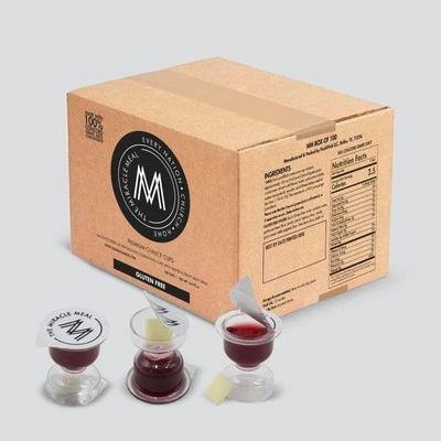 THE MIRACLE MEAL Gluten Free Premium Chalice Cup Set–100 with 100% Concord Grape Juice & GF Wafer