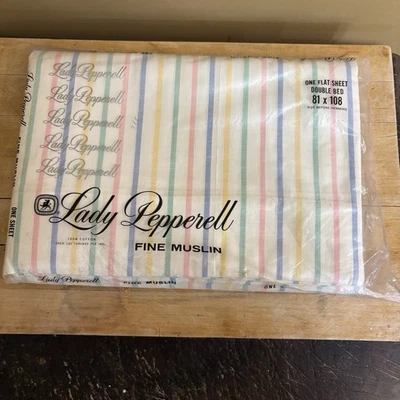 Dama Pepperell Doble Tamaño Sábana Plana Rayas Blancas Muselina Fina Cottagecore De Colección Foto 1 de 4
