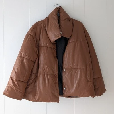 Chaqueta acolchada Bagatelle marrón caramelo de gran tamaño de cuero sintético con botones, talla L Foto 1 de 4