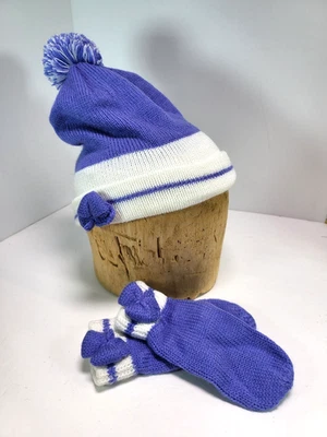 VTG RazzBerry Girls Knit Pom Pom Hat & Mittens 4-6X Purple Crochet Flower - Image 1 of 4