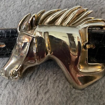 Hebilla de cinturón Kieselstein Cord cabeza de caballo esterlina para mujer S negro cocodrilo firmado Foto 1 de 4