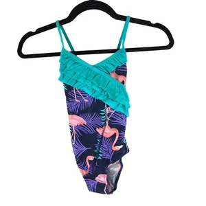 Girls Ruffle One Piece Swimsuit Crossover Straps Flamingo Black Blue 7-8 Years - Picture 1 of 3