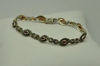 STERLING SILVER FANCY STYLE CHAIN LINKED BRACELET AMBER TONED STONE 7.5" #FMJ961 - Image 1 of 3