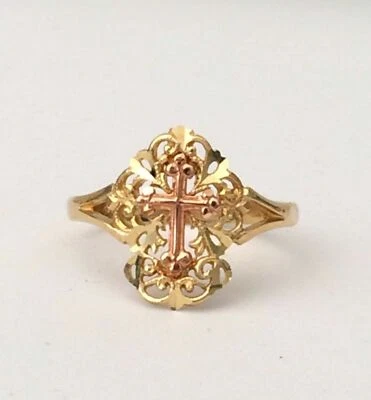 Women 14k Yellow Rose Real Gold Religious Jesus Cross Vintage Ring Band Ladies - Image 1 of 4