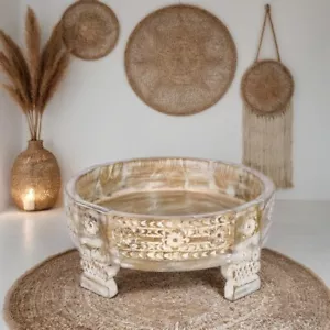 Handcrafted Chakki-Table Cum Bowl,Wooden Carved Round Coffee Table, White, - Picture 1 of 9