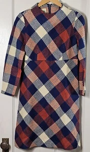 VTG Carlette Junior's Size S Brown Navy Blue Tan Plaid Wool Blend Mod Dress - Picture 1 of 24