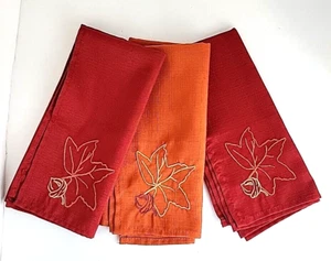 Three (3) Dark Red & Orange Embroidered Fall Leaves CLOTH NAPKINS - New - Picture 1 of 6