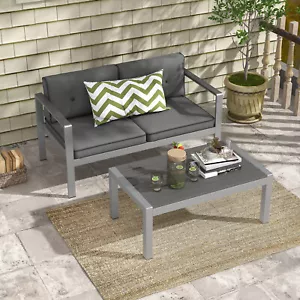 2 PCS Outdoor Aluminum Loveseat and Coffee Table Set w/Cushions Silver and Gray - Picture 1 of 8