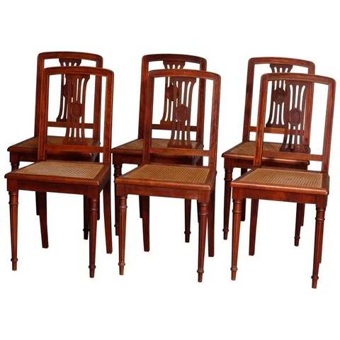 Six Antique French Louis XVI Mahogany Cane Seat Chairs, Early 20th Century Cover