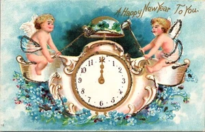 Glitter New Year Postcard Cherub Angels Ringing Bell on a Clock, Blue Flowers - Picture 1 of 2