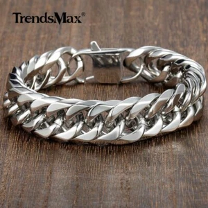 15mm 5.5mm Thick 316L Stainless Steel Curb Cuban Link Rombo Chain Bracelet 8-10" - Picture 1 of 11