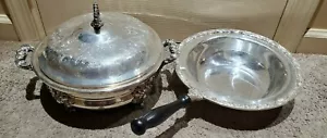 silverplate lot wm rogers skillet and lid 3 toed warmer chafing dish with insert - Picture 1 of 4