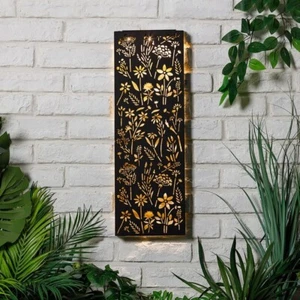 Solar Metal Wall Art Panel 5 Led Lights Leaf Flowers Home Garden Fence Porch Dec - Picture 1 of 2