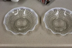 Lot of 2 VTG Anchor Hocking Moonstone Opalescent Hobnail Ruffled Edge Glass Bowl - Picture 1 of 4