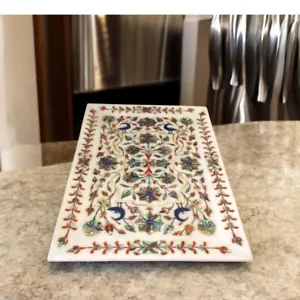 10"x12" Handmade White Marble Serving Tray with Floral Inlay Marquetry Art Decor - Picture 1 of 9