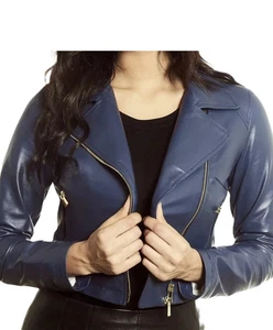 Chaqueta de motociclista para mujer genuina de cuero de cordero suave con motor recortado Bolero encogerse de hombros - Imagen 1 de 6