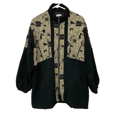 Jaqueta vintage anos 80 Accel Lando preta geométrica com zíper tamanho grande XL 1X - Imagem 1 de 4