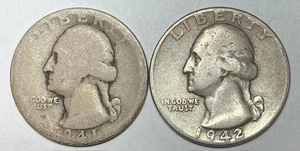 1941 and 1942 25C Washington Quarters 90% Silver - Picture 1 of 4