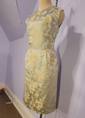 Vintage 60s Silk Brocade Sea Foam Green Aqua Sheath Dress Altered M Holidays - Image 1 of 4