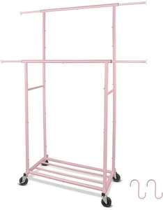 Portable Pink Double Rods Garment Rack with Rolling Clothes 66 inch,  - Picture 1 of 8