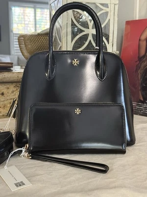 New Tory Burch EMERSON PATENT LARGE DOME SATCHEL BLACK & Matching Wallet - Image 1 of 4