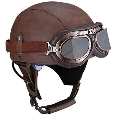 Мотоциклетный ретро немецкий кожаный шлем выдвижной солнцезащитный козырек с маской для лица и очками - Изображение 1 из 4