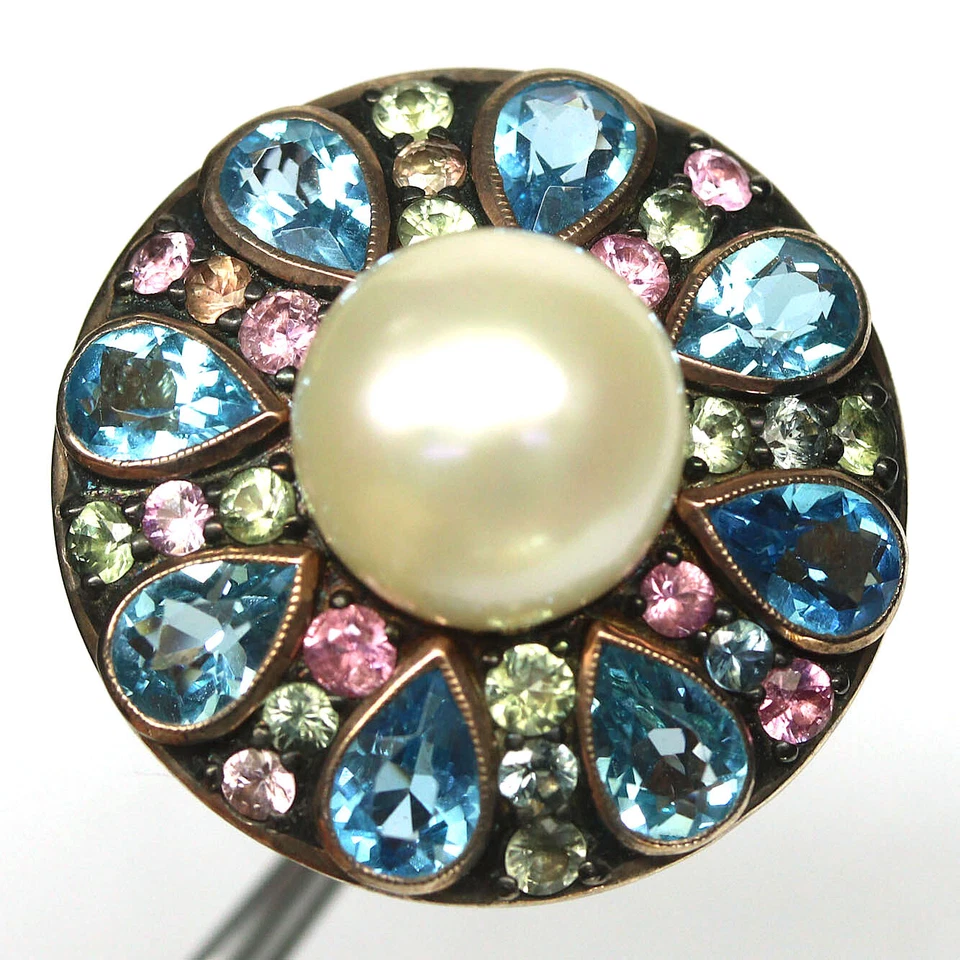 925Silver 12 mm. White Pearl , Topaz, Peridot & Sapphire Jewelry Ring Size 7.75 - Image 1 of 4