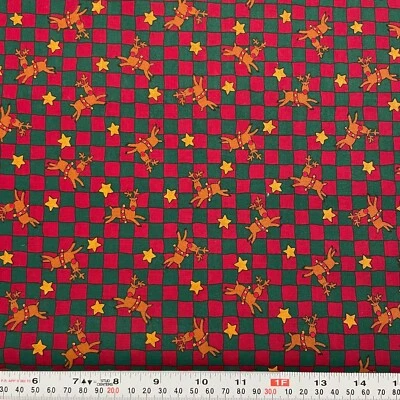 Vintage Cranston Christmas Reindeer Star Red Green Check Cotton by the HALF YARD - Image 1 of 2