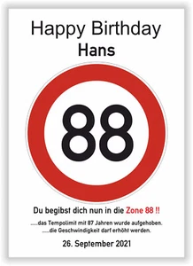 Verkehrsschild Geburtstag 88 Jahre Deko Geschenk Verkehrszeichen Poster Karte A4 - Bild 1 von 7