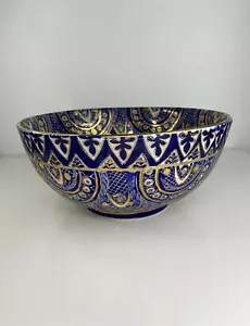 VINTAGE ANTIQUE THE GREAT WALL CHINA LRG DECOR BOWL BLUE GOLD HAND PAINTED RARE - Picture 1 of 8