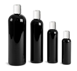 Black Cosmo Round PET Plastic Bottles Empty With White Disc Cap Lids & Liners - Picture 1 of 1