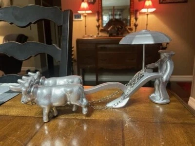11"x6" Metal Man with Oxen Drawn Plow  - Image 1 of 4