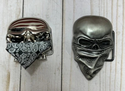 Two (2) Lot Skull Belt Buckle Jolly Roger Biker Iron Maiden Heavy Metal Horror - Image 1 of 4