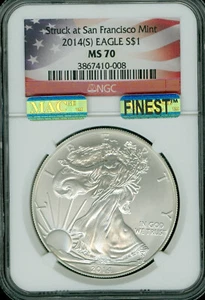 2014 (S) SILVER EAGLE NGC MS70 PQ MAC FINEST GRADE MAC SPOTLESS . - Picture 1 of 4