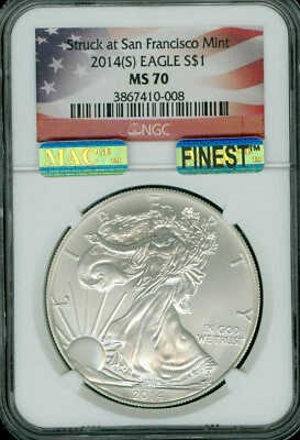 2014 (S) SILVER EAGLE NGC MS70 PQ MAC FINEST GRADE MAC SPOTLESS . - Image 1 of 4
