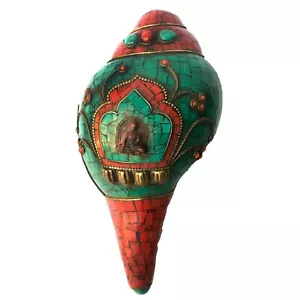 Tibetan Shankh Conch Shell Trumpet Horn Statue Turquoise Coral Sitting Buddha - Picture 1 of 5