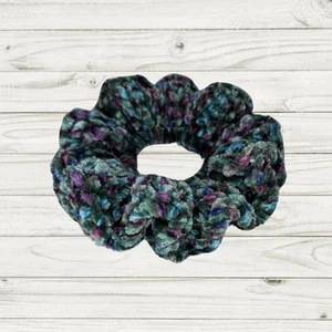 Handmade Crochet Velvet Hair Scrunchie, Peacock, Green, Purple, Blue - Picture 1 of 2