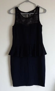 Black Peplum Dress Sweetheart Neckline  Lace Mesh Collar Pencil Skirt Size 14 - Picture 1 of 7