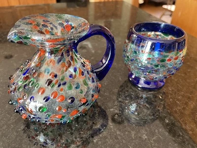 Hand Blown Small Glass Pitcher Confetti Style With Cup - Image 1 of 4