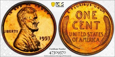 1953 Proof Lincoln Wheat Cent Penny PCGS PR65 RB, Gold Shield w TrueView Toned - Image 1 of 3