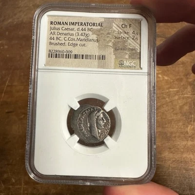 ROMAN IMPERATORIAL AR Denarius Julius Caesar 44 BC NGC Ch F Coin 4/5 2/5 - Image 1 of 4