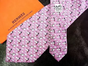 Corbata de cuello HERMES seda ROSA ROJO logotipo vendedor de Japón N0102 08 Hecha en Francia - Imagen 1 de 2