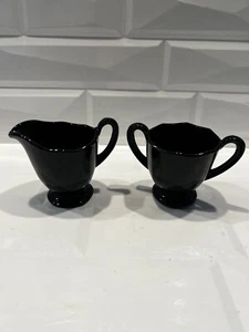 Ebony Glass Creamer and Sugar Set in Fairfax Pattern by Fostoria, Vintage Black - Picture 1 of 8