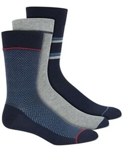Mens Perry Ellis Socks Portfolio 3 Pack Gray Blue Red Herringbone Stripes Solid - Picture 1 of 7