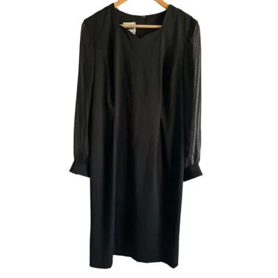 Leslie Fay Vintage 14P Black Silhouette Midi Dress Sweetheart Neck Sheer Sleeves - Image 1 of 4