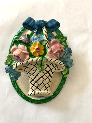 Cast Iron Door Knocker Flower Basket Floral Green White Vintage Cover