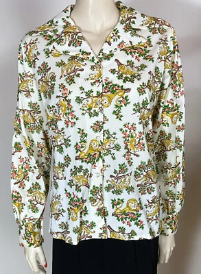 1970s True Vintage NOS Nylon Button Down Novelty Tiger Lion Print Blouse Top L - Image 1 of 4
