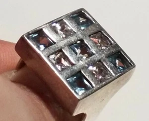 925 Sterlingsilber verstellbarer quadratischer Ring Original Clr/Blau Kristall Einheitsgröße passend - Bild 1 von 12