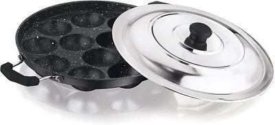 Vinod Non-Stick Paniyarakkal Kuli Paniyaram 12 Appam Patra pans with S.S. Lid